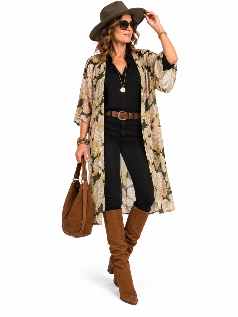 Sheer Abstract Floral Kimono Duster Open Front Longline Boho Cover Up